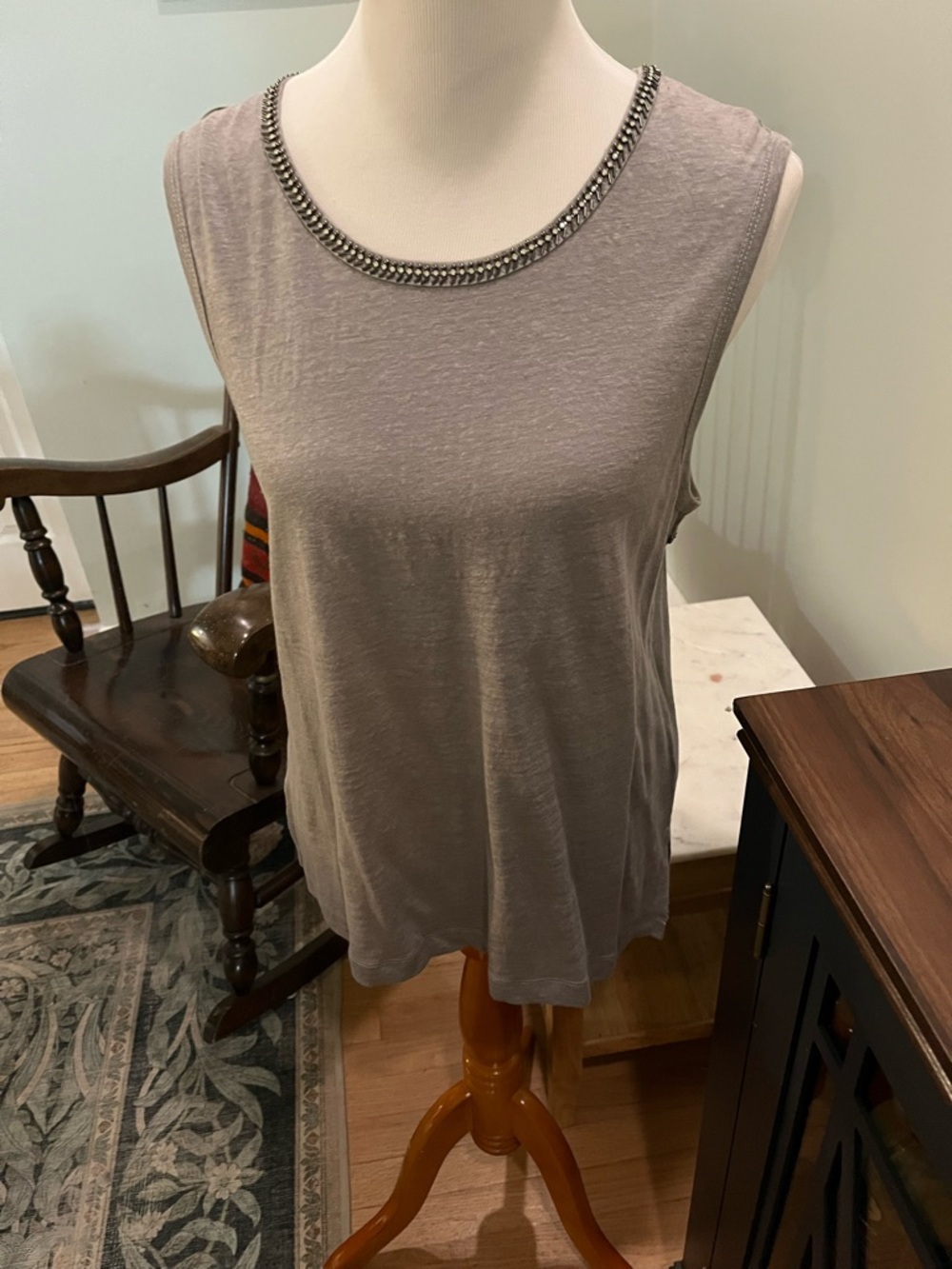 Sleeveless Bead and Crystal Trimmed Tank Top - Grey